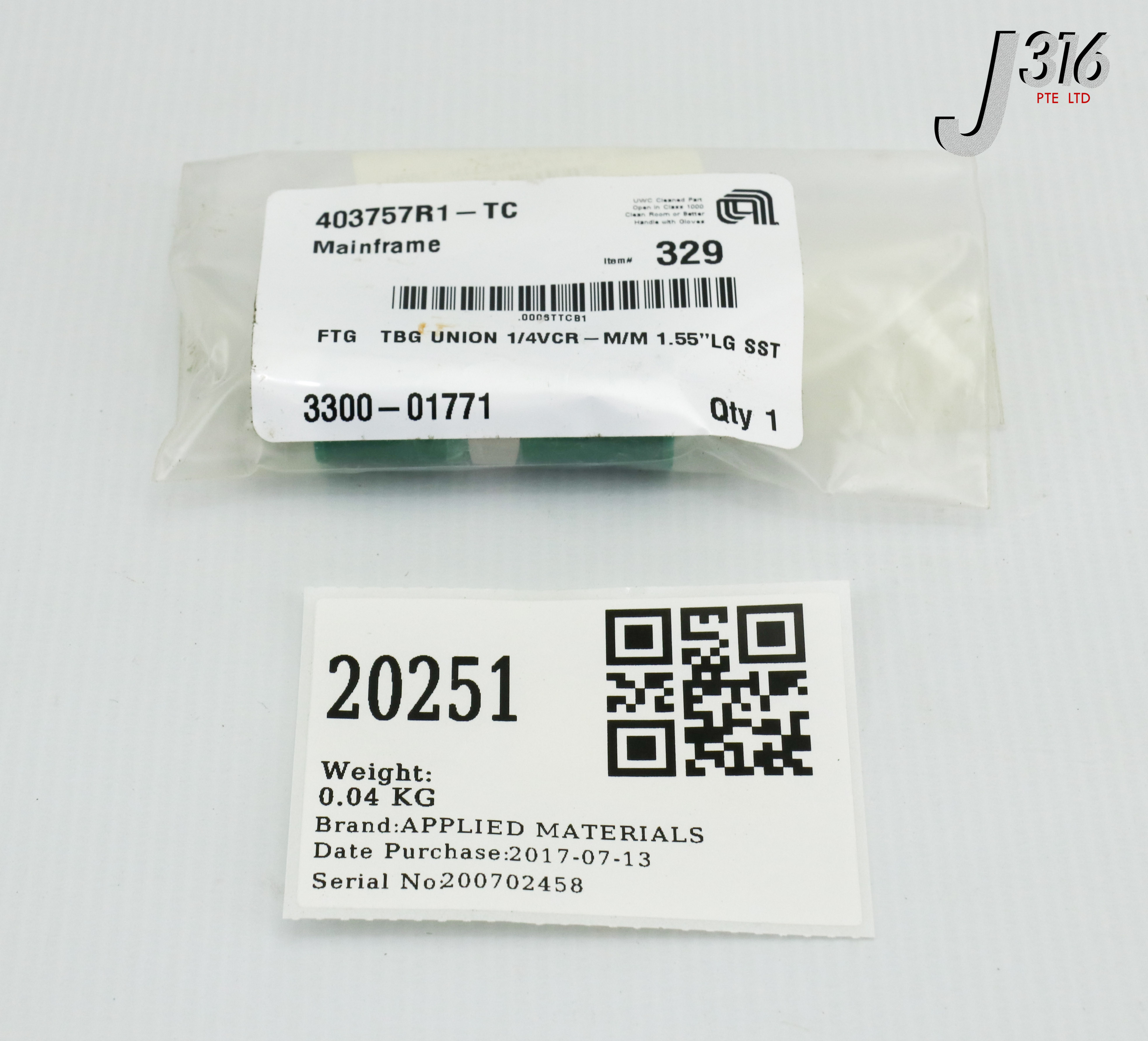 20251 APPLIED MATERIALS FTG TBG UNION 1/4VCR-M/M 1.55LG SST (NEW